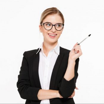 Happy blonde business woman in eyeglasses with pen in hand having idea and looking away over white background